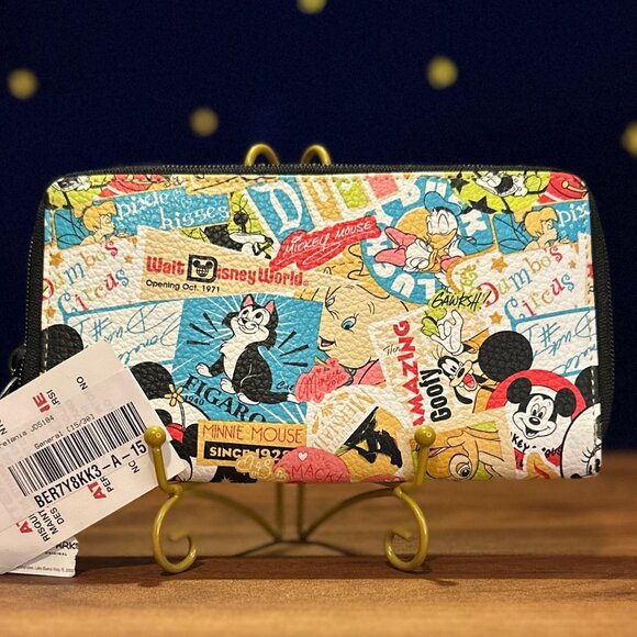 NWT Disney Parks Retro Collage Zip Wallet – Mickey, Minnie, Donald, Figaro, Dumb - Picture 1 of 3